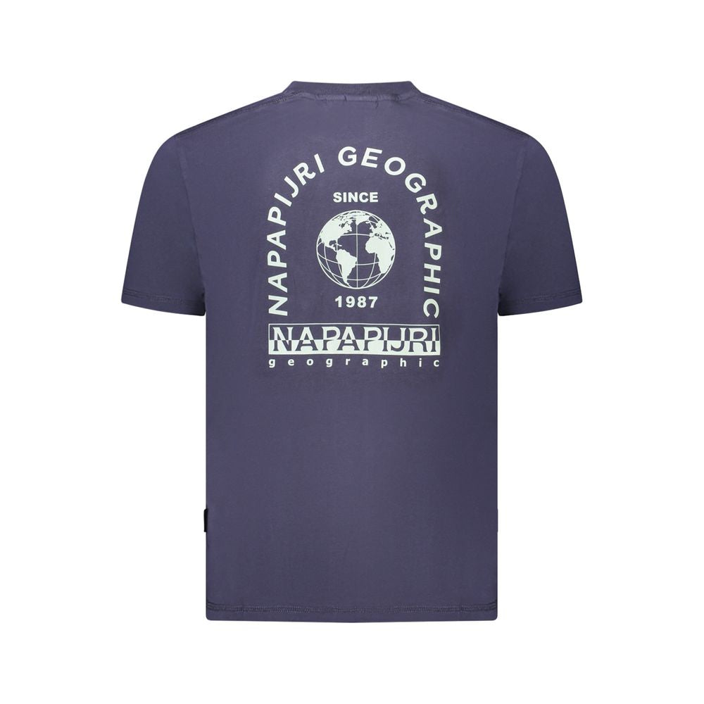 Back view of Napapijri blue cotton men's t-shirt with logo and globe design, organic material, relaxed fit.