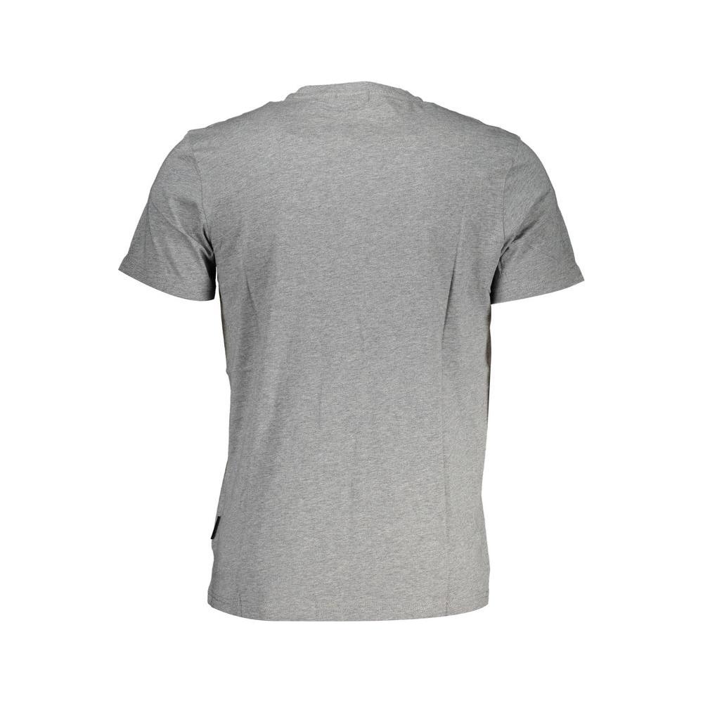 Back view of gray cotton T-shirt without visible branding, showcasing simple design and comfortable fit.
