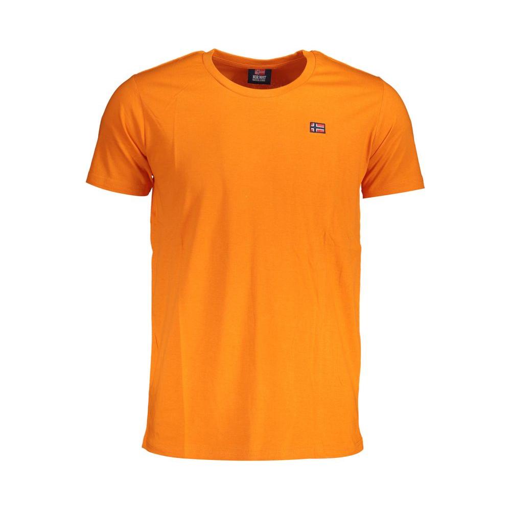 Orange cotton crew neck men’s T-shirt by Norway 1963 with logo, short sleeves; stylish and comfortable, made from Bangladesh-sourced cotton.