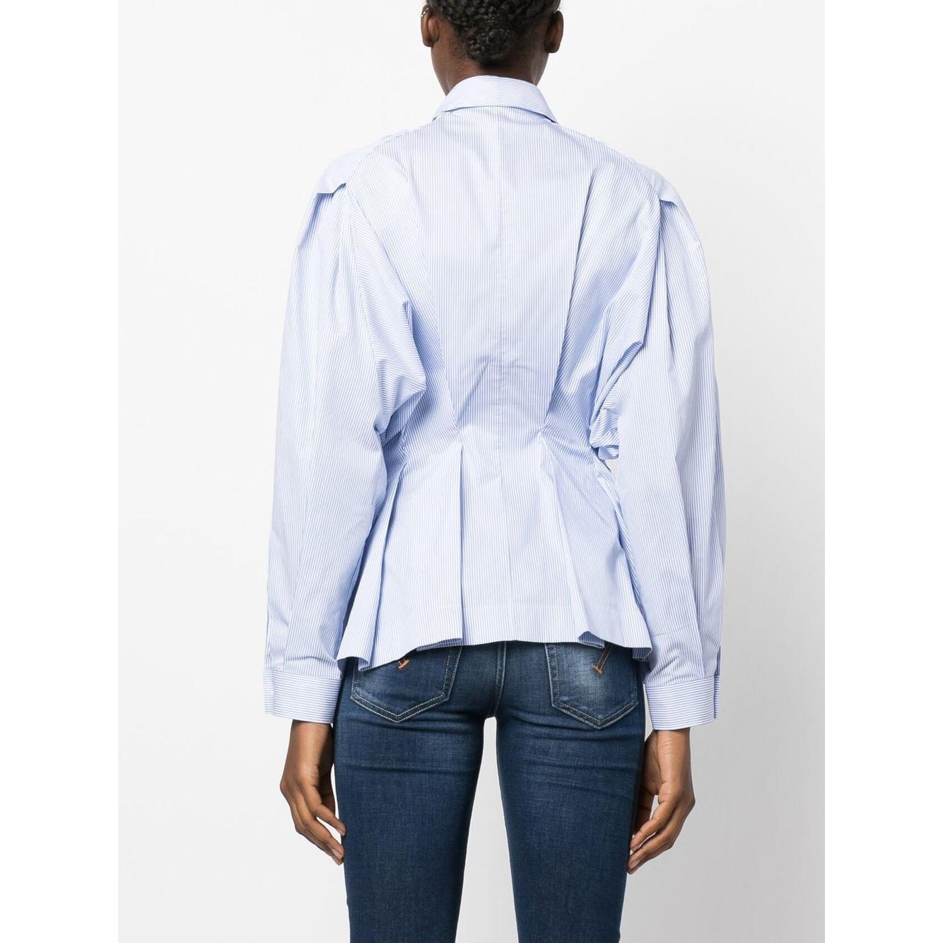 Back view of a pastel blue gathered-waist cotton shirt from Palmer//Harding with pleat detailing and buttoned cuffs.