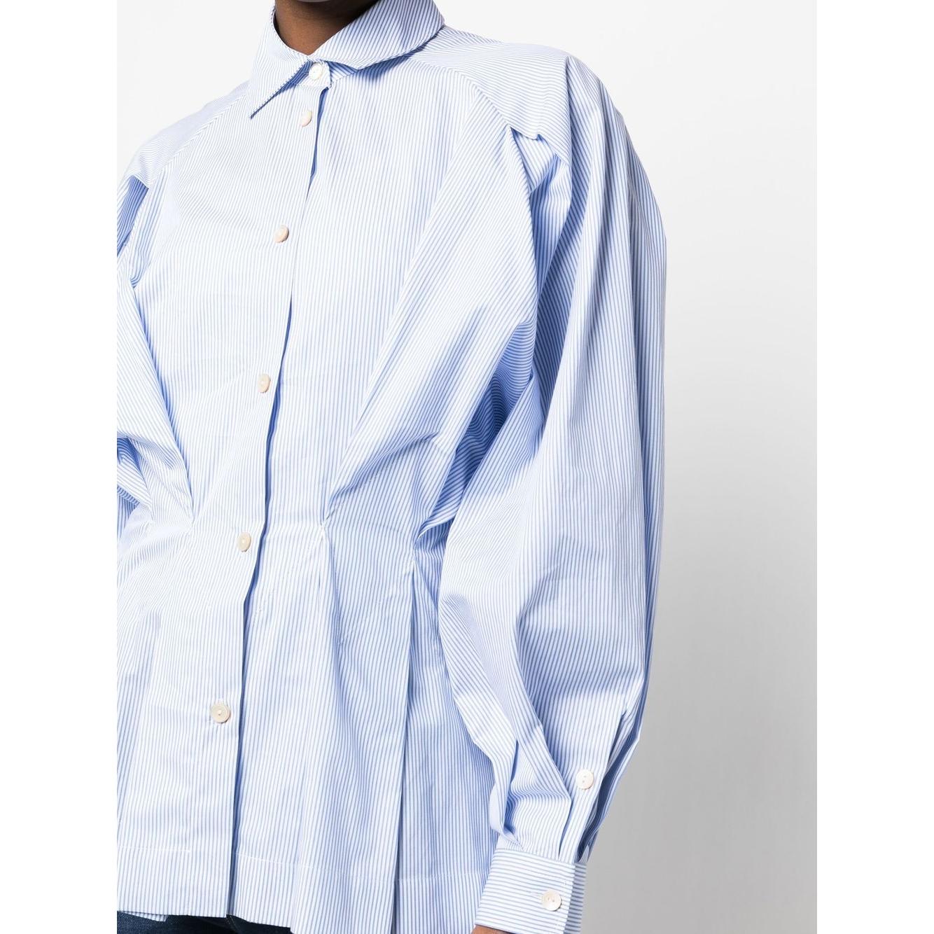 Blue gathered-waist cotton shirt by Palmer//Harding with pleat detailing, classic collar, and buttoned cuffs.