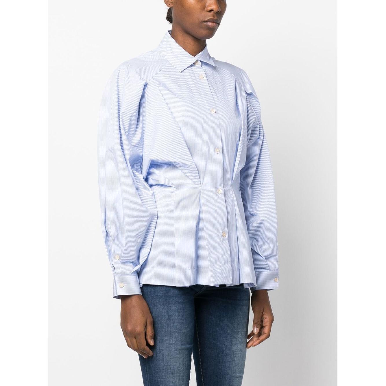 PALMER/HARDING blue gathered-waist cotton shirt with classic collar and pleat detailing