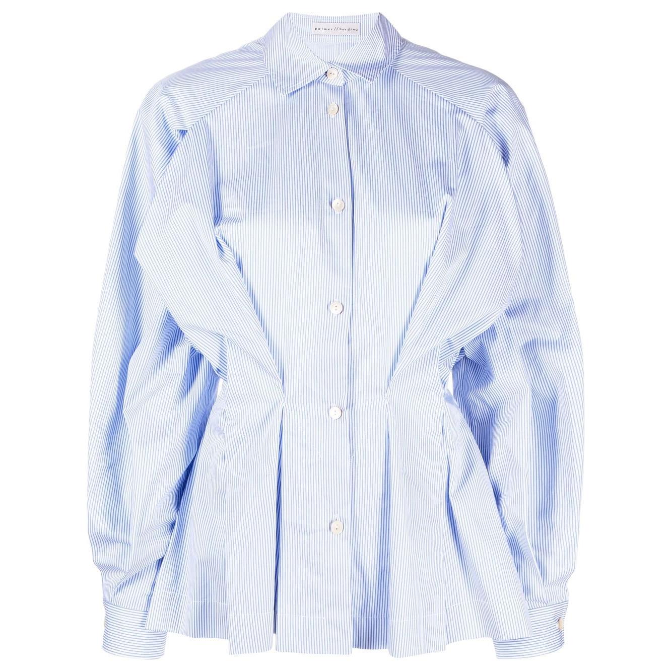 PALMER/HARDING pastel blue gathered-waist striped cotton shirt with classic collar, long sleeves, and buttoned cuffs.