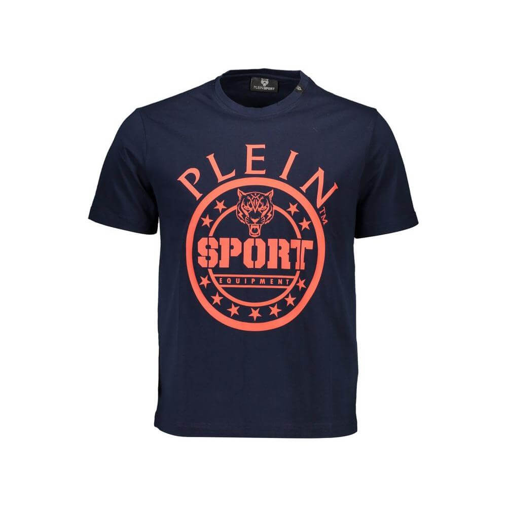 Plein Sport blue cotton men's t-shirt with bold logo print, short-sleeved, premium casual wear for modern trendsetters.
