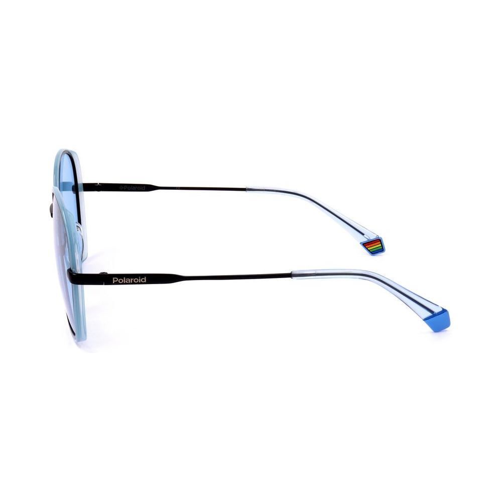 Side view of Polaroid Blue Metal Sunglasses with polarized lenses, featuring a slim metal frame, model PLD6113-S-MVU, 56/16/140 mm dimensions.