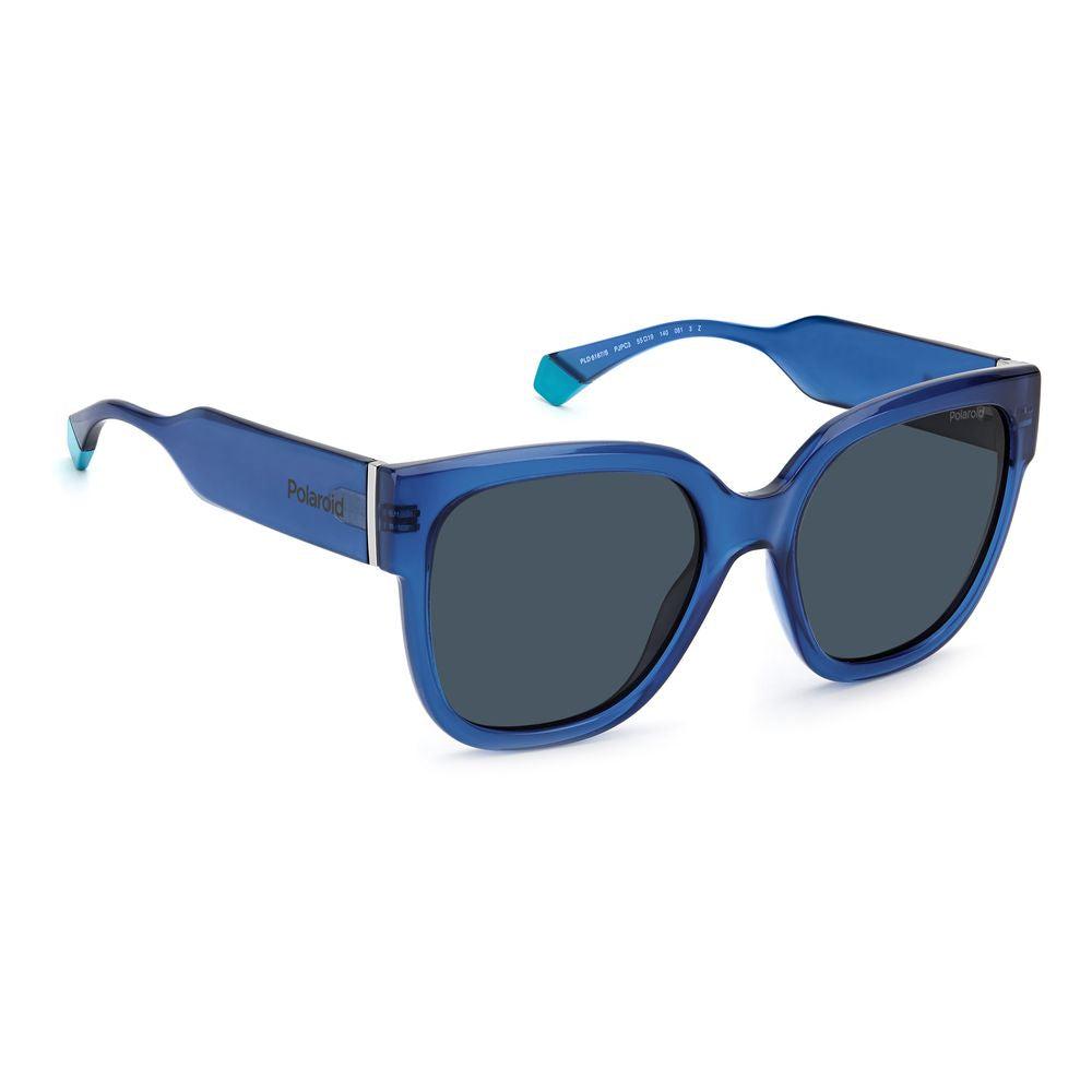 Polaroid blue plastic women's sunglasses with square frames, rainbow accents, and polarized lenses.