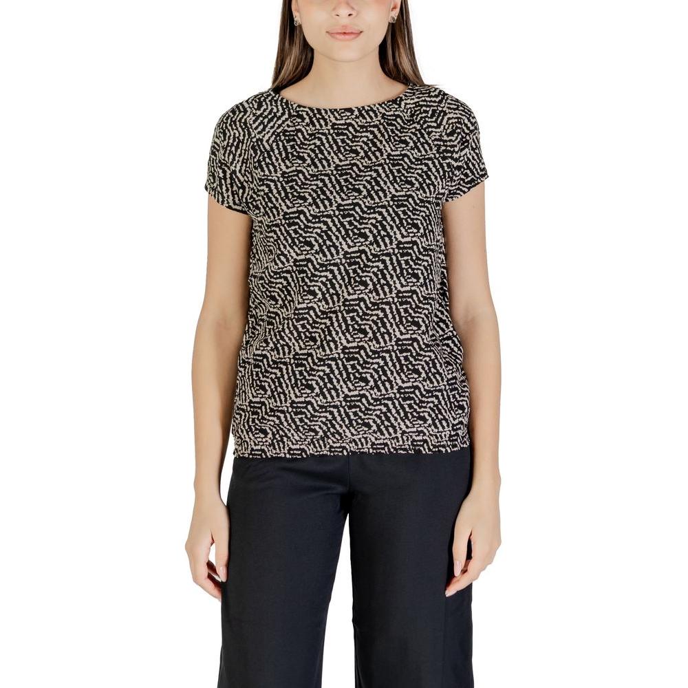 Woman wearing Street One black viscose shirt with short sleeves and printed design, ideal for versatile stylish outfits.