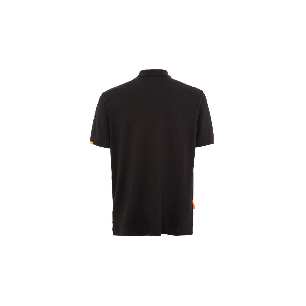 Alt Tag: Back view of Suns black cotton polo shirt with ribbed collar and logo on sleeve.