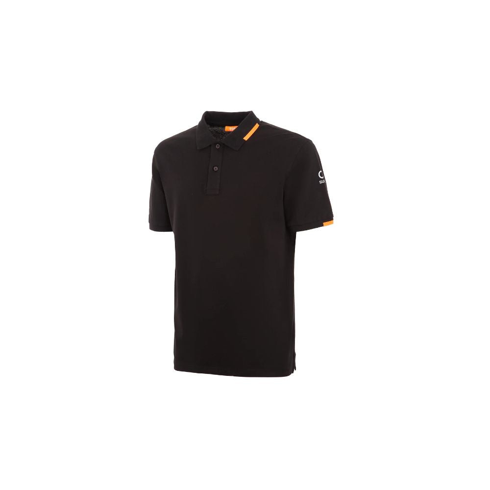 Suns black cotton polo shirt with ribbed collar, front button closure, and logo on left sleeve. Stylish, comfortable men's wear.