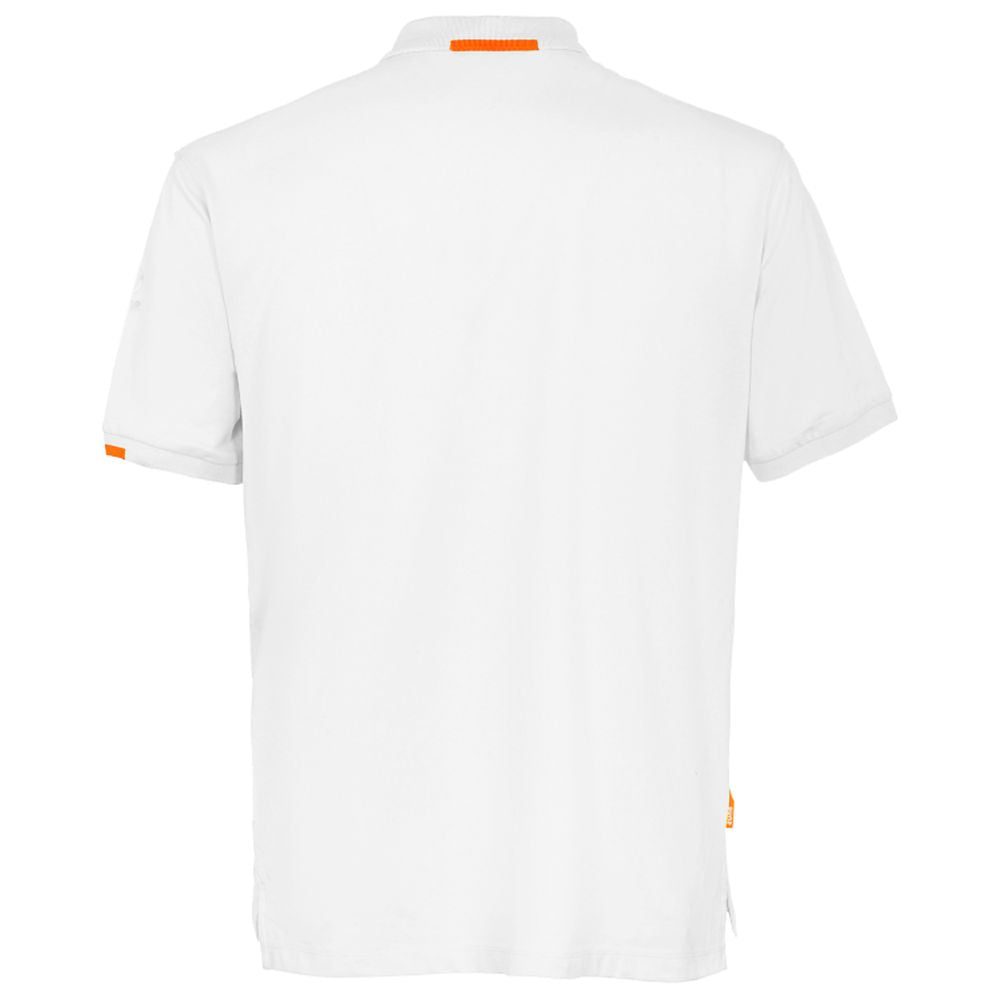 Back view of Suns white cotton polo shirt, featuring short sleeves and a classic collar.