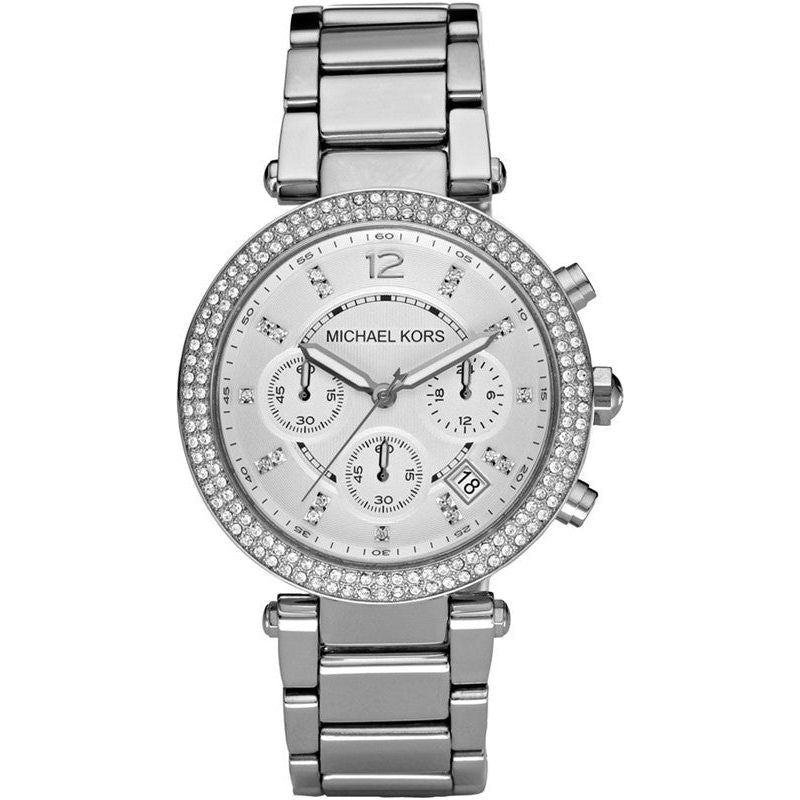 Michael Kors MK5353 women's silver-tone chronograph watch with crystal accents and stainless steel bracelet