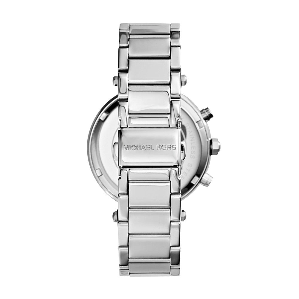 Rear view of Michael Kors MK5353 watch showcasing silver stainless steel bracelet and clasp.
