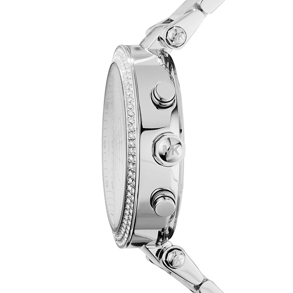 Side view of Michael Kors MK5353 watch, luxury silver-toned chronograph with crystal accents.