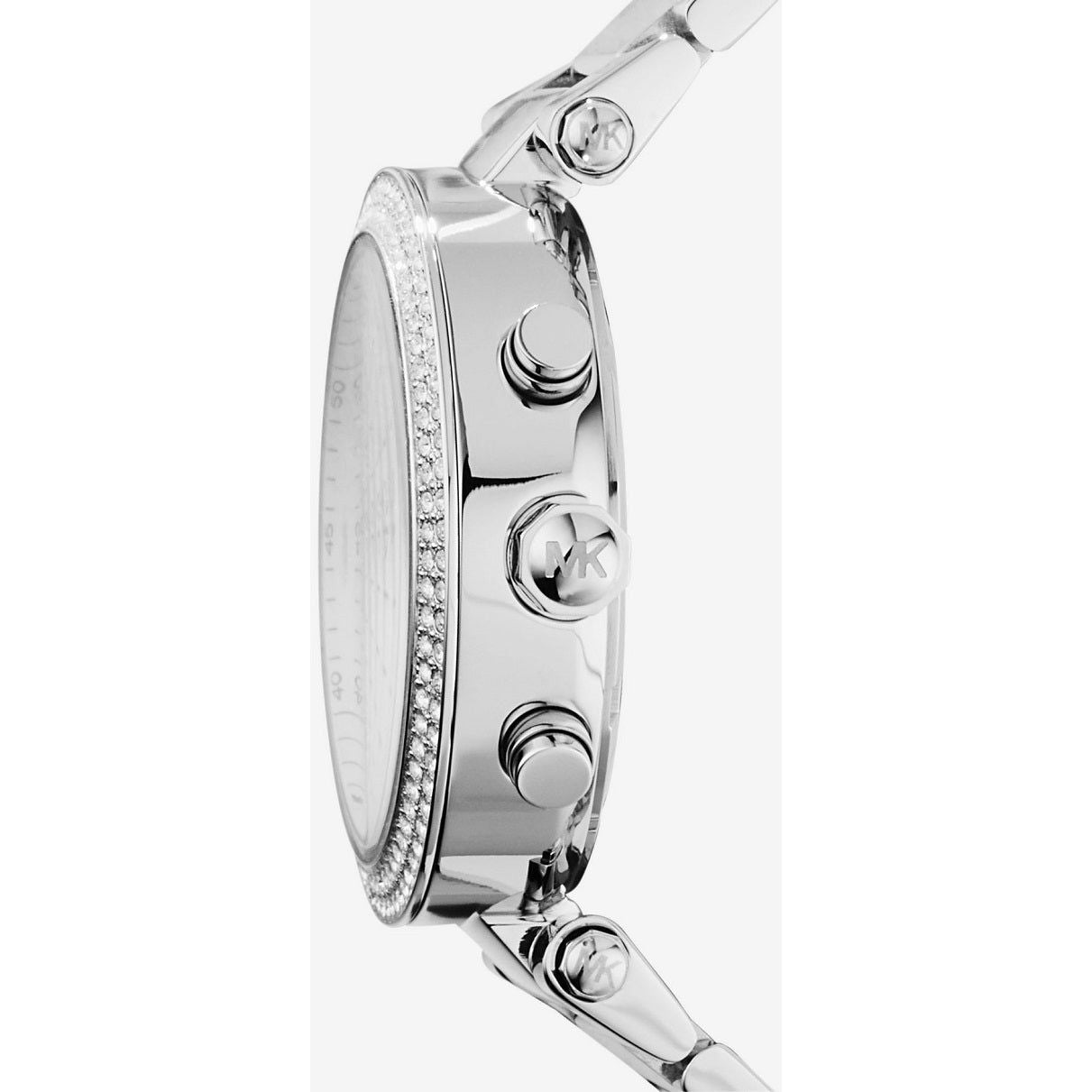 Side view of Michael Kors MK5353 watch featuring a silver bezel with crystal detailing and a sleek design.