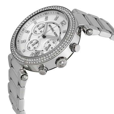 Michael Kors MK5353 silver watch with crystal accents and stainless steel bracelet, featuring multifunctional dials and a classic design.