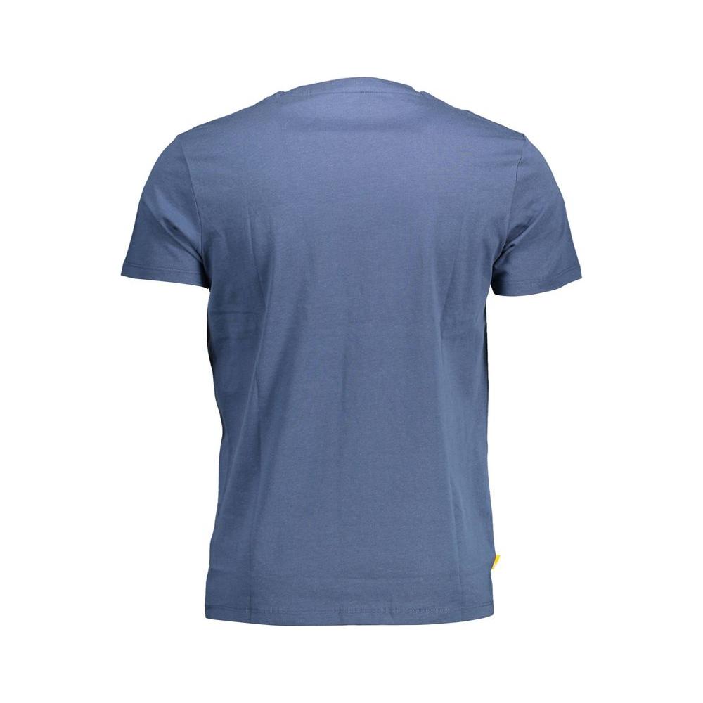 Back view of Timberland blue organic cotton men's T-shirt showcasing short sleeves and crew neck design
