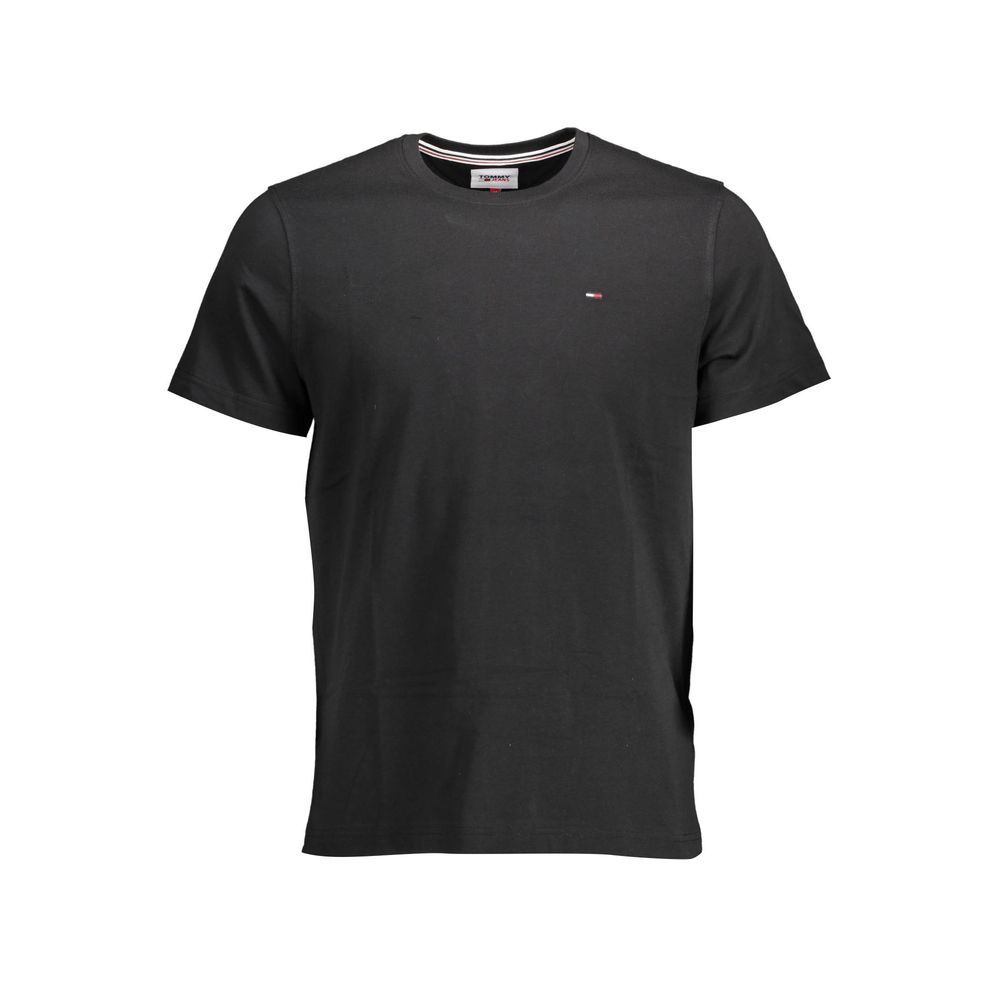 Tommy Hilfiger black organic cotton men's T-shirt with embroidered logo, short sleeves, and crew neck for sustainable style.