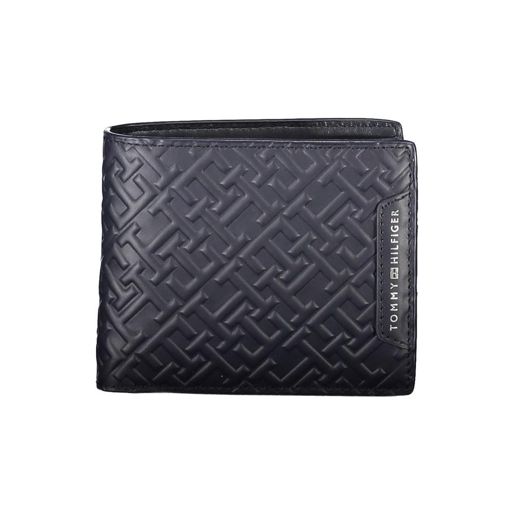 Tommy Hilfiger blue leather men’s wallet with embossed pattern, spacious compartments, and iconic logo
