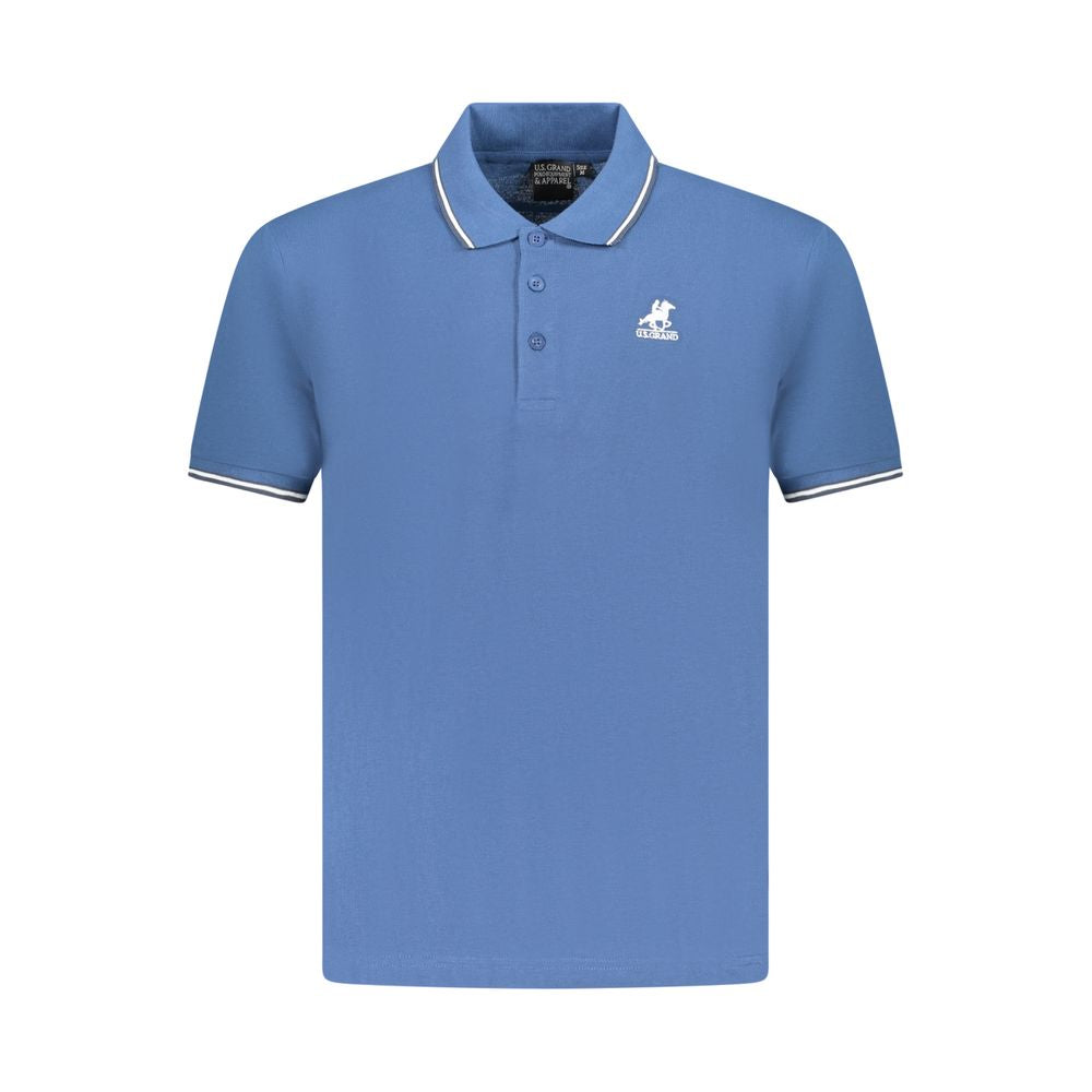 U.S. Grand Polo blue cotton men's polo shirt with signature embroidery, short sleeves, and three-button placket for stylish comfort.