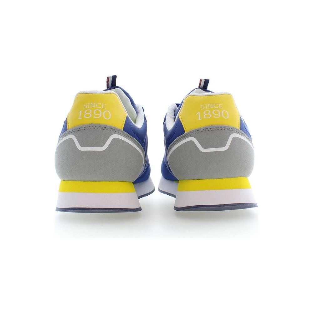 Back view of U.S. POLO ASSN. Blue Polyester Men Sneakers with yellow and gray accents, highlighting classic design and logo.