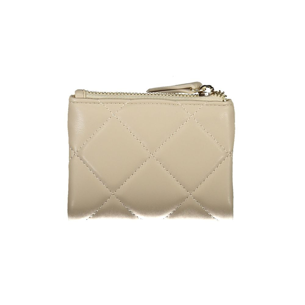 Beige Valentino Bags wallet for women, featuring quilted design, zip closure, and stylish compartments for coins and cards.