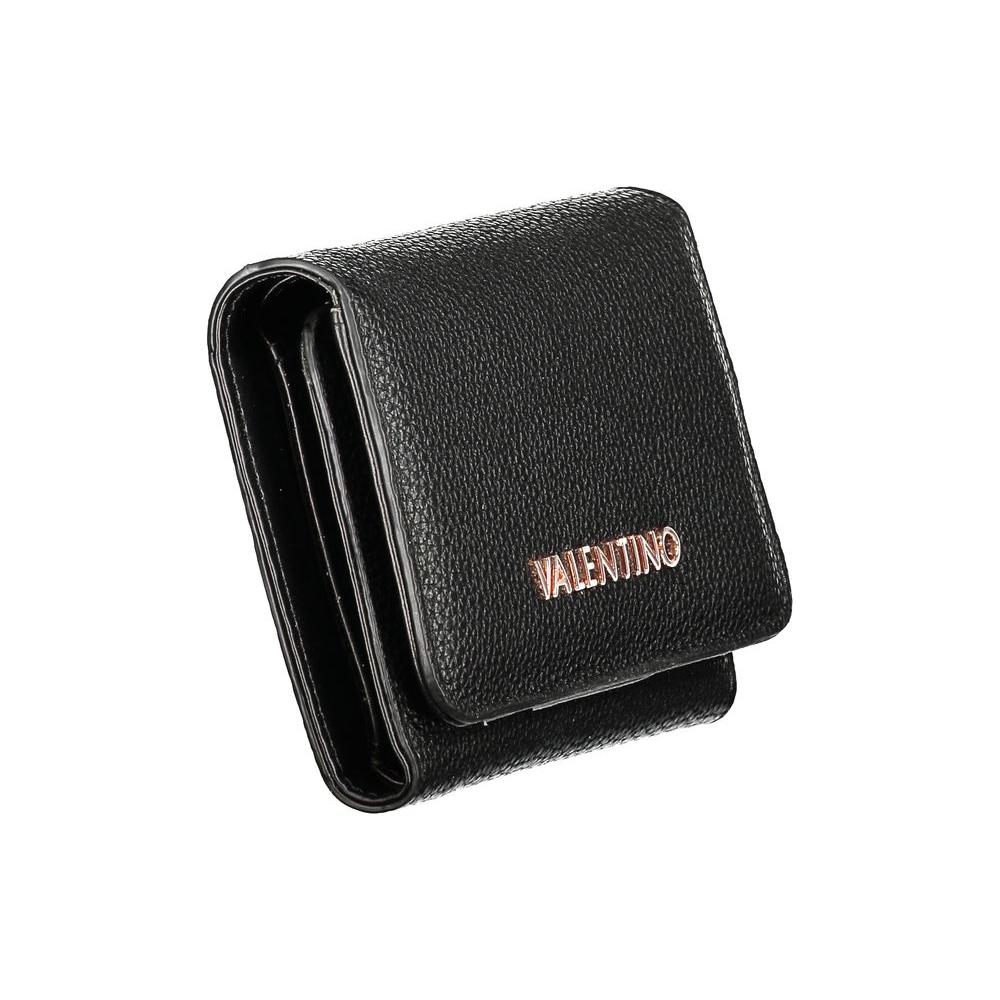 Black Valentino wallet with textured polyethylene finish, featuring three compartments, a coin purse, card spaces, logo, and zip closure.