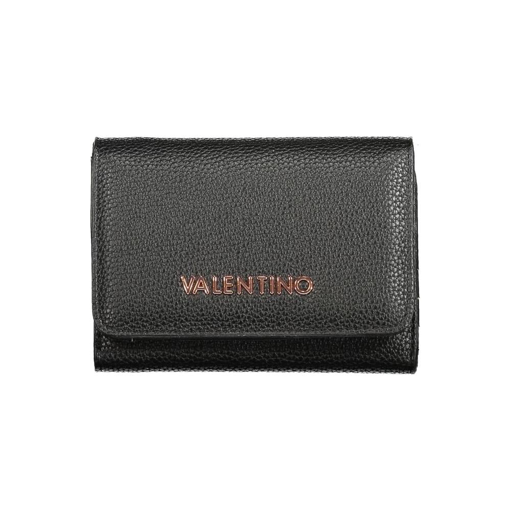 Valentino black polyethylene wallet with three compartments, coin purse, card slots, zip and automatic closure, embossed logo.