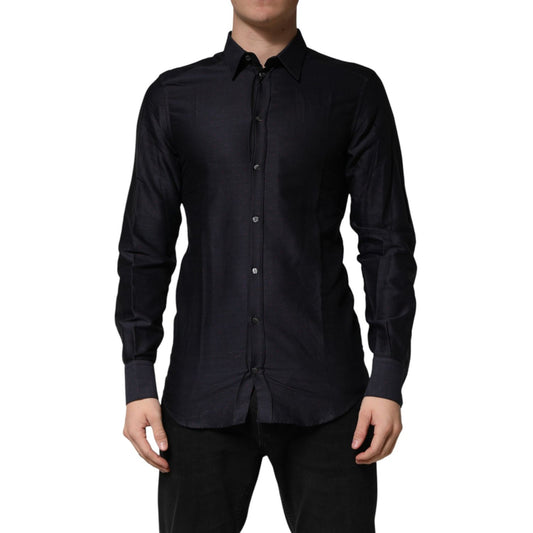 Dolce & Gabbana Black Dotted Cotton Collared GOLD Dress Shirt
