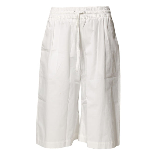 MSGM White Cotton High Waist Wide Leg Straight Bermuda Shorts