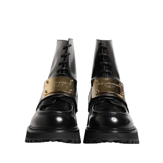 Dolce & Gabbana Black Leather DG Plaque Lace Up Boots Shoes