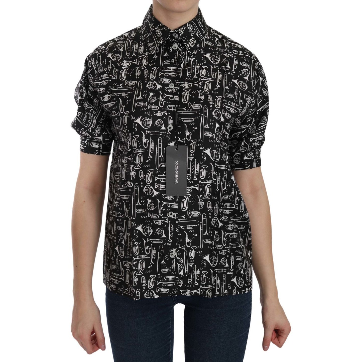 Dolce & Gabbana Black Musical Instrument Collared Blouse Shirt