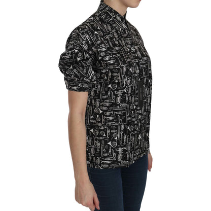 Dolce & Gabbana Black Musical Instrument Collared Blouse Shirt