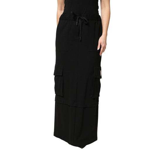 Dolce & Gabbana Black Cotton Drawstring Long Maxi Cargo Skirt