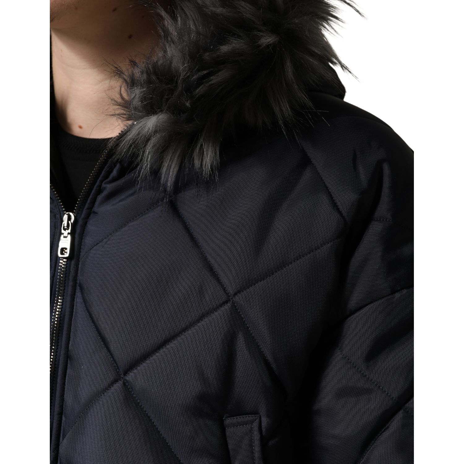 Dolce & Gabbana Black Quilted Fur Shearling Hooded  Jacket