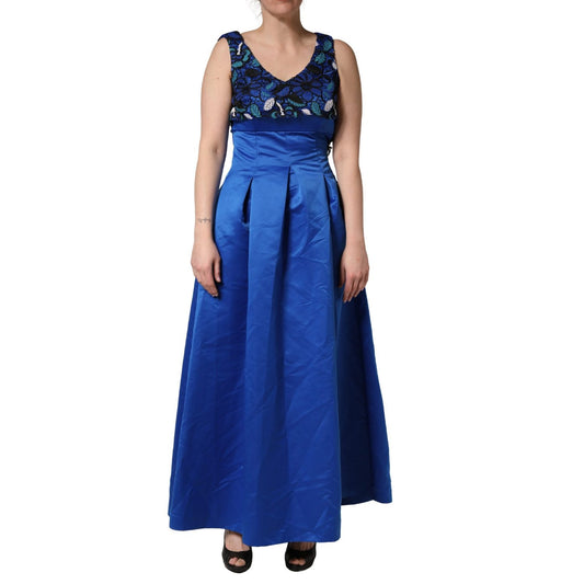 LANACAPRINA Royal Blue Floral Lace Sleeveless Long Gown Dress