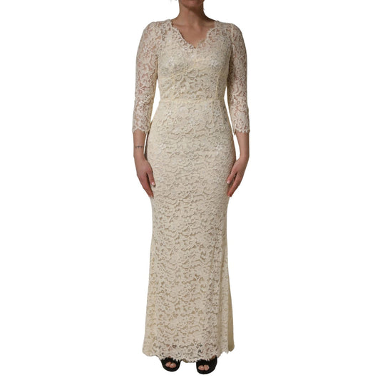 Dolce & Gabbana Off White Floral Lace Sheath Maxi Dress