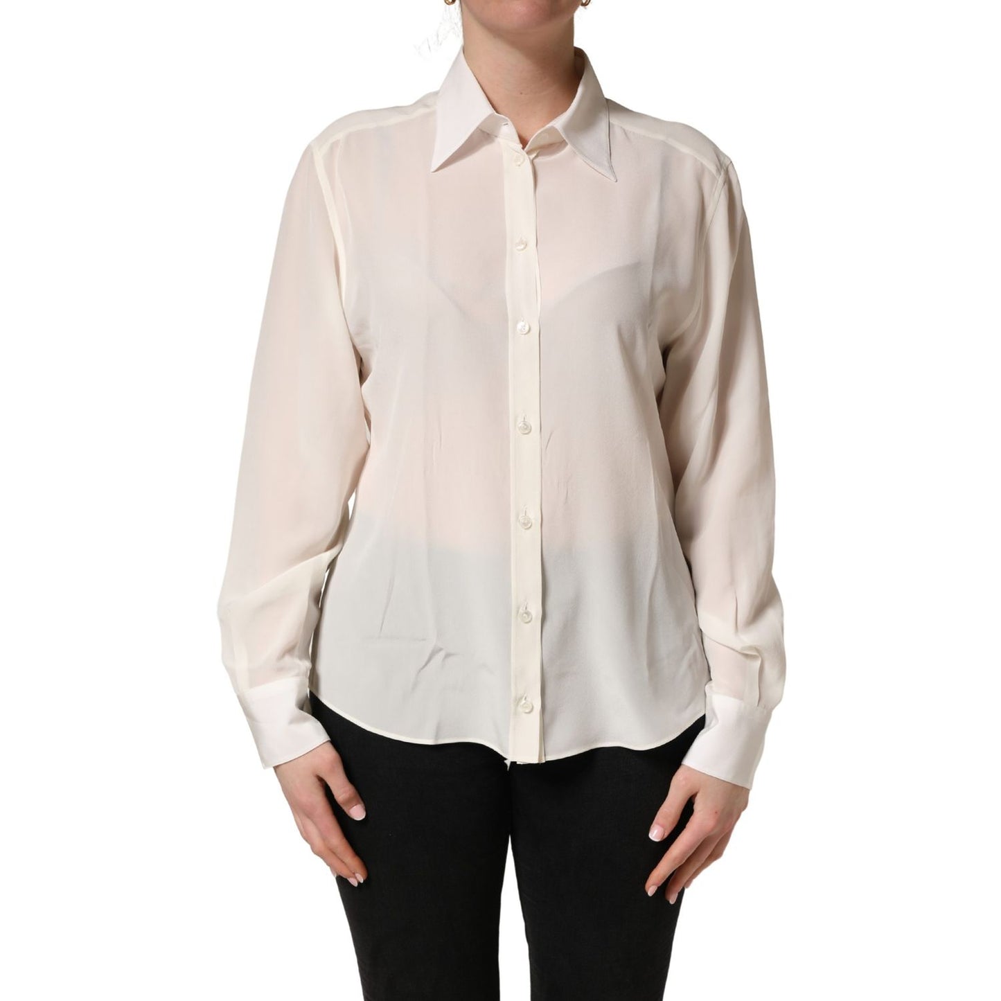 Dolce & Gabbana Off White Collared Long Sleeves Blouse Top
