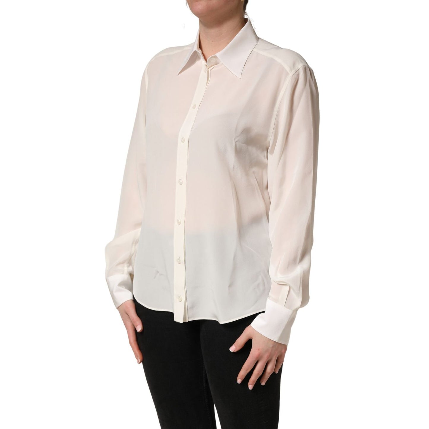 Dolce & Gabbana Off White Collared Long Sleeves Blouse Top