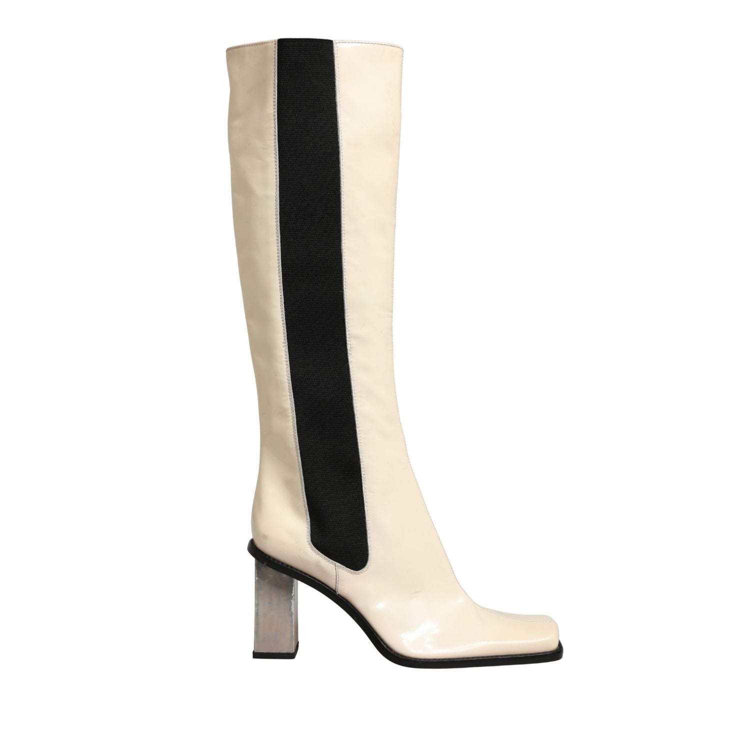 Dolce & Gabbana White Black Leather Knee High Boots Shoes