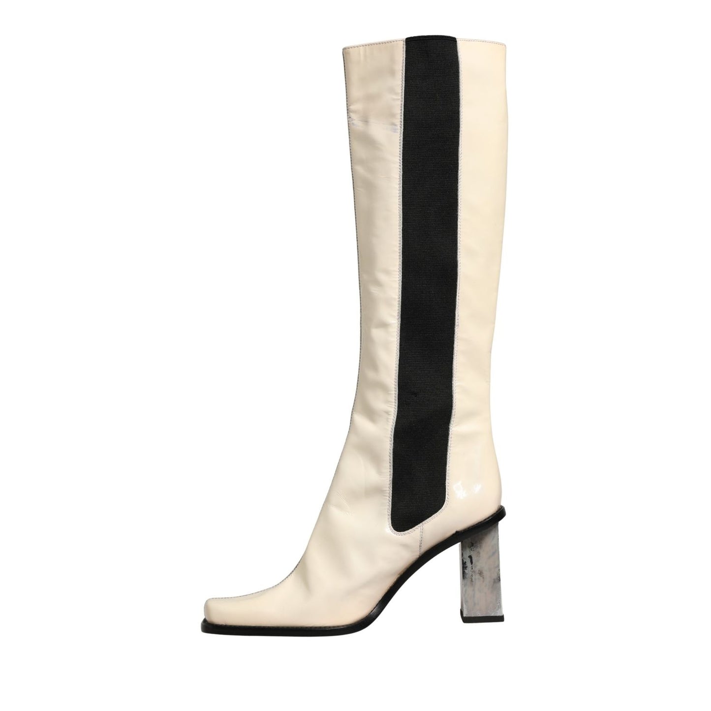Dolce & Gabbana White Black Leather Knee High Boots Shoes