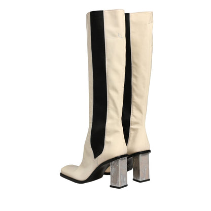 Dolce & Gabbana White Black Leather Knee High Boots Shoes