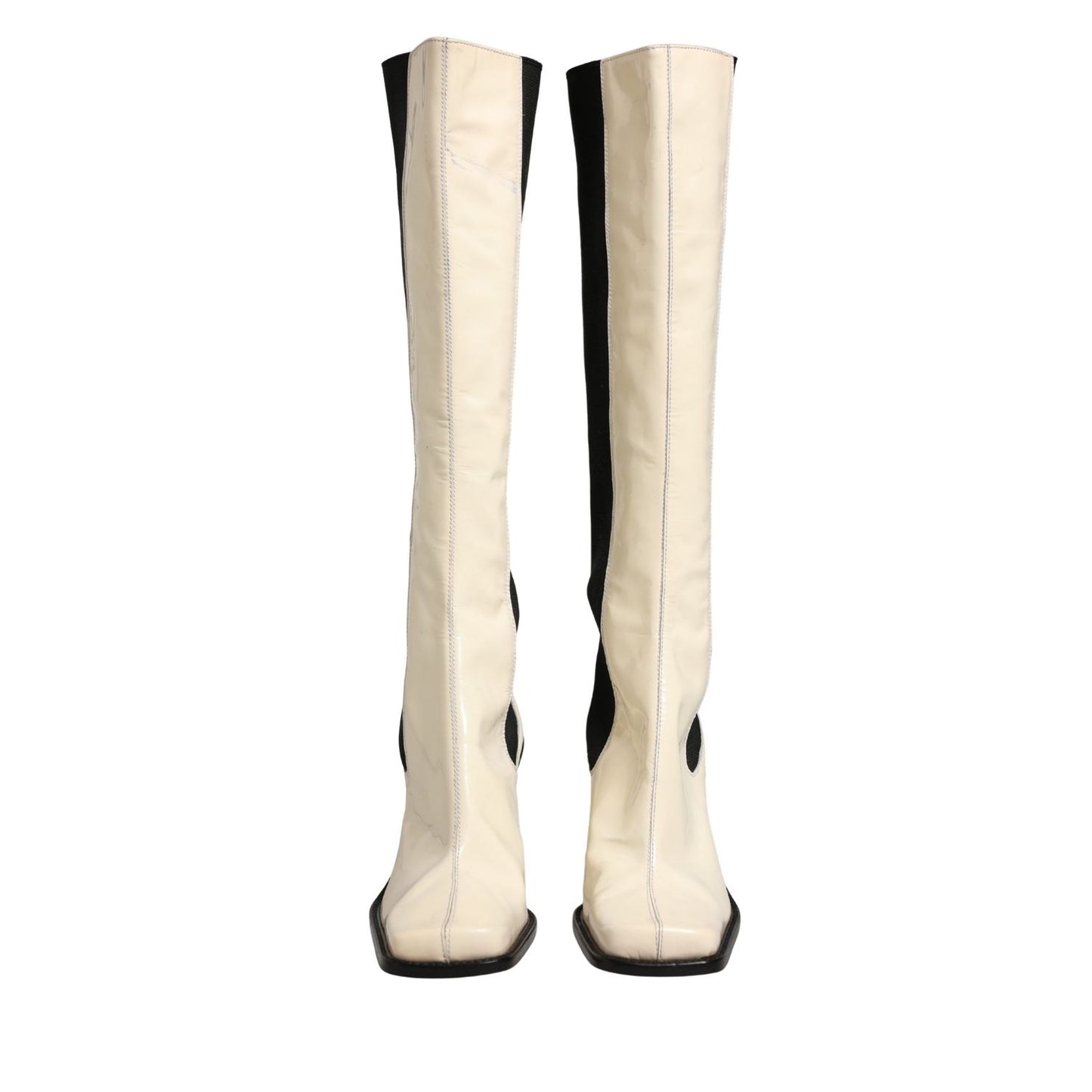 Dolce & Gabbana White Black Leather Knee High Boots Shoes