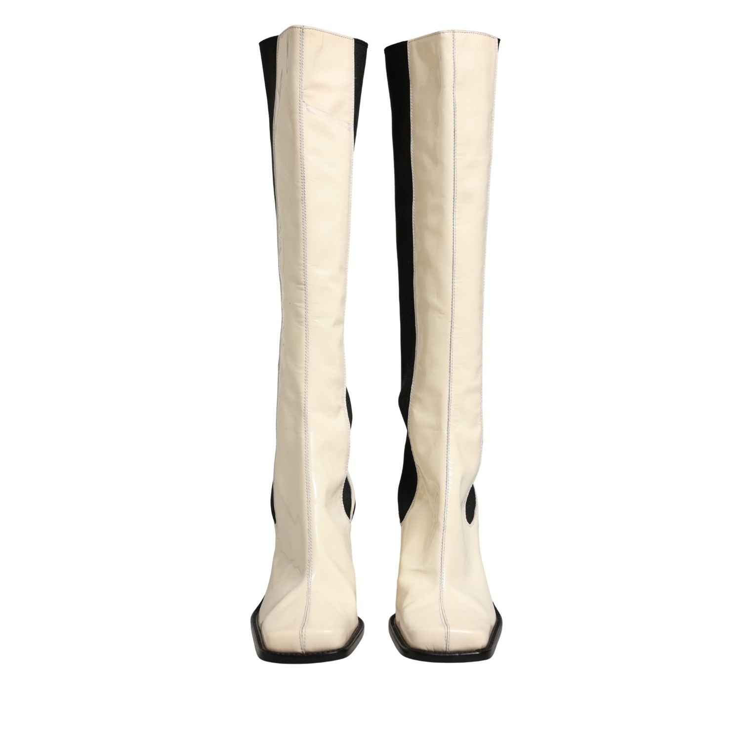 Dolce & Gabbana White Black Leather Knee High Boots Shoes