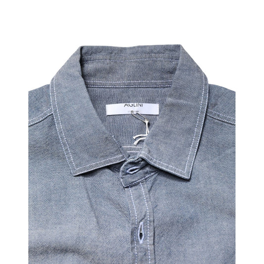 AGLINI Dark Blue Slim Fit Collared Long Sleeve Denim Shirt