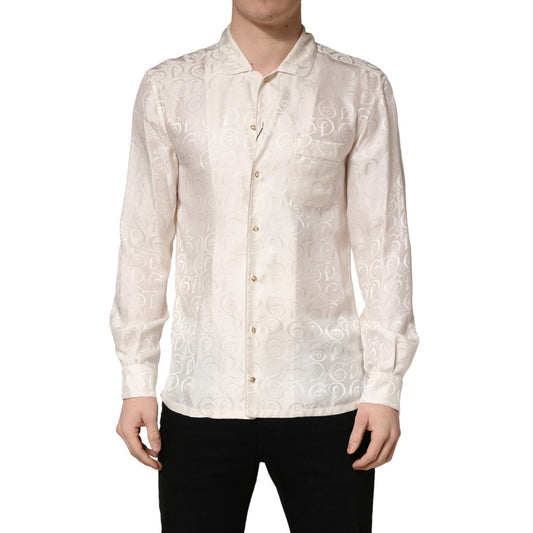 Dolce & Gabbana White Silk Long Sleeve Tonal Logo Print Shirt