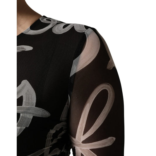 MSGM Black White Long Sleeve Printed Mini Dress
