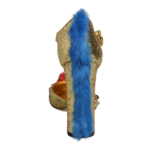 Dolce & Gabbana Gold Fur Trim Glitter T-strap Sandals Shoes