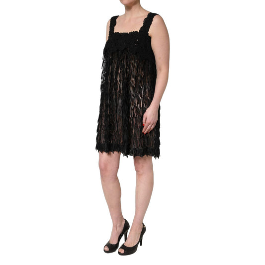Dolce & Gabbana Black Viscose Fringed Sleeveless Mini Dress