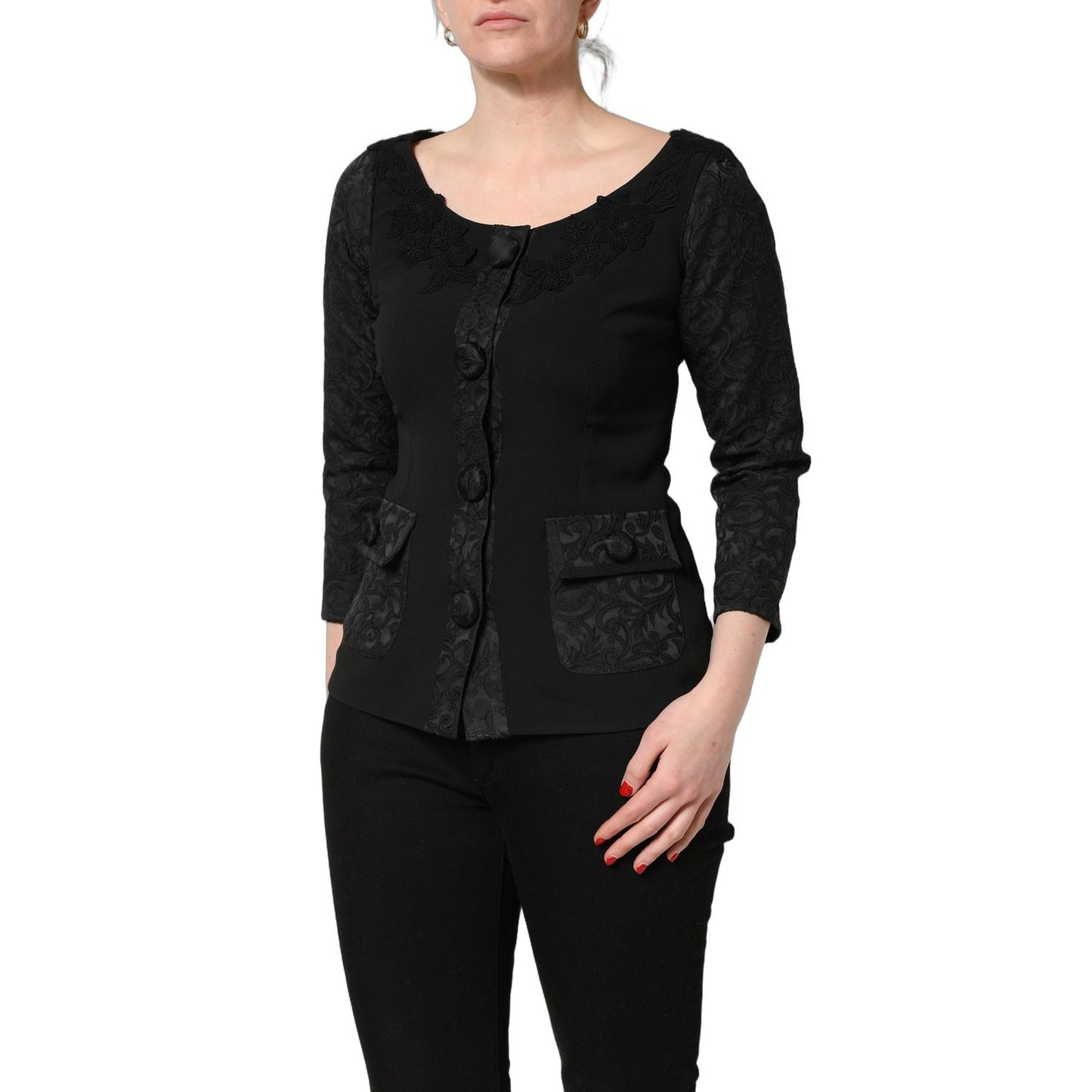 Dolce & Gabbana Dark Gray Button Fastening Lace Trimmed Blazer Jacket