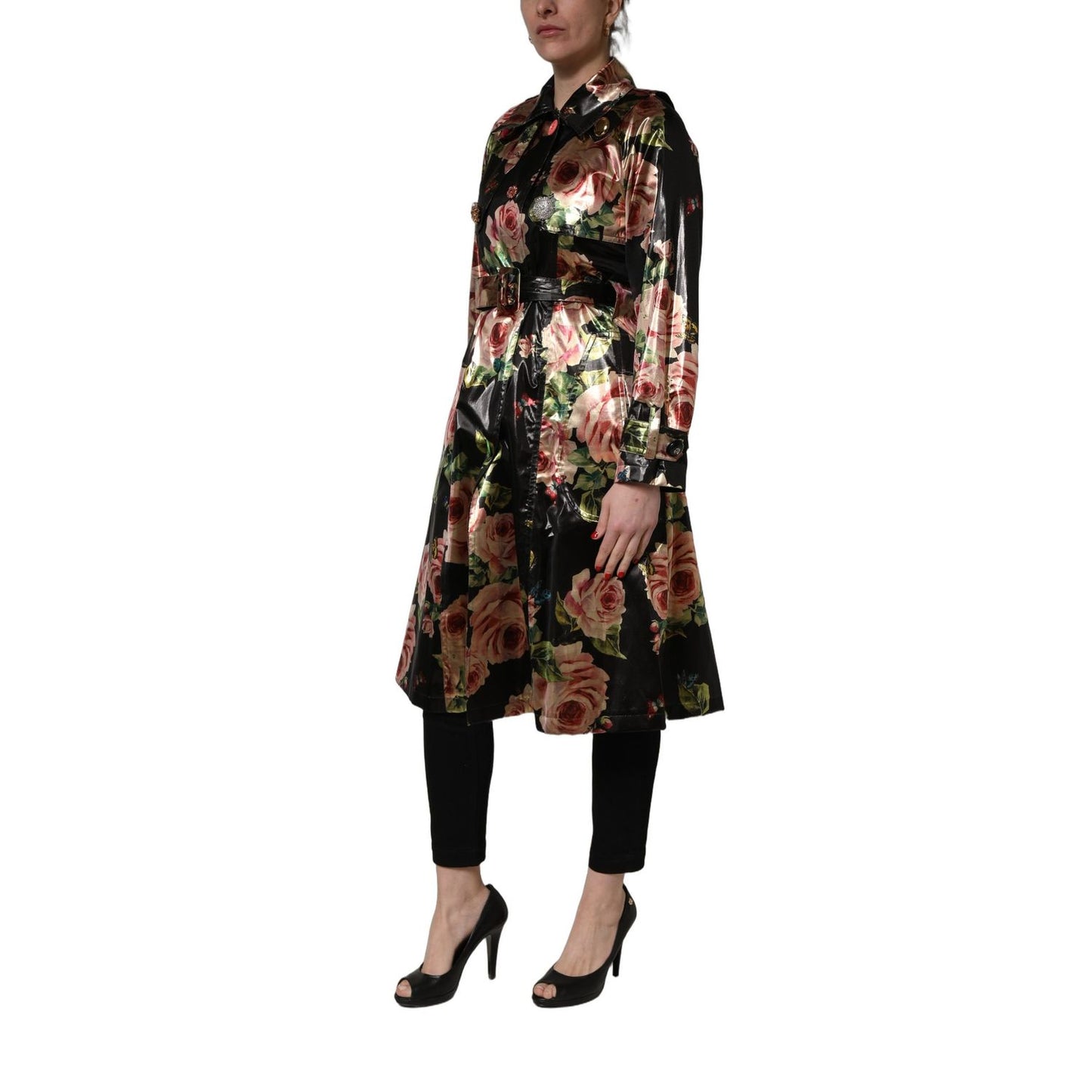Dolce & Gabbana Black Floral Belted Polyester Trench Coat Jacket